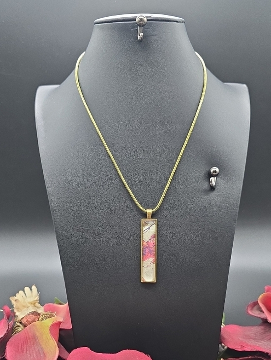Jewelry - Hand-Crafted | Brass-Tone | Rectangle | Glass Pendant | Necklace w\Pink Accent